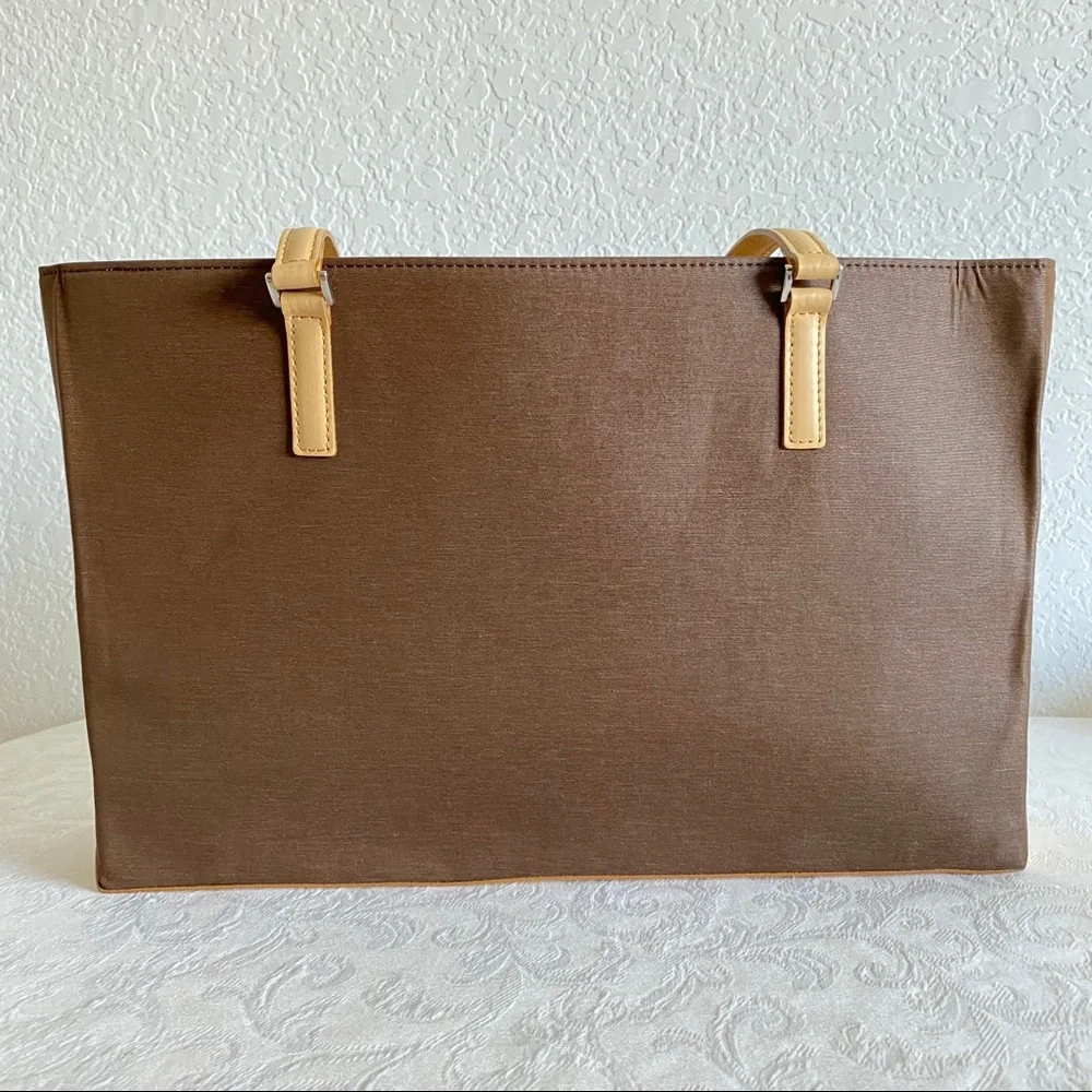 Burberry Brown Tote with Tan Strap and Plaid Cutout Detail
